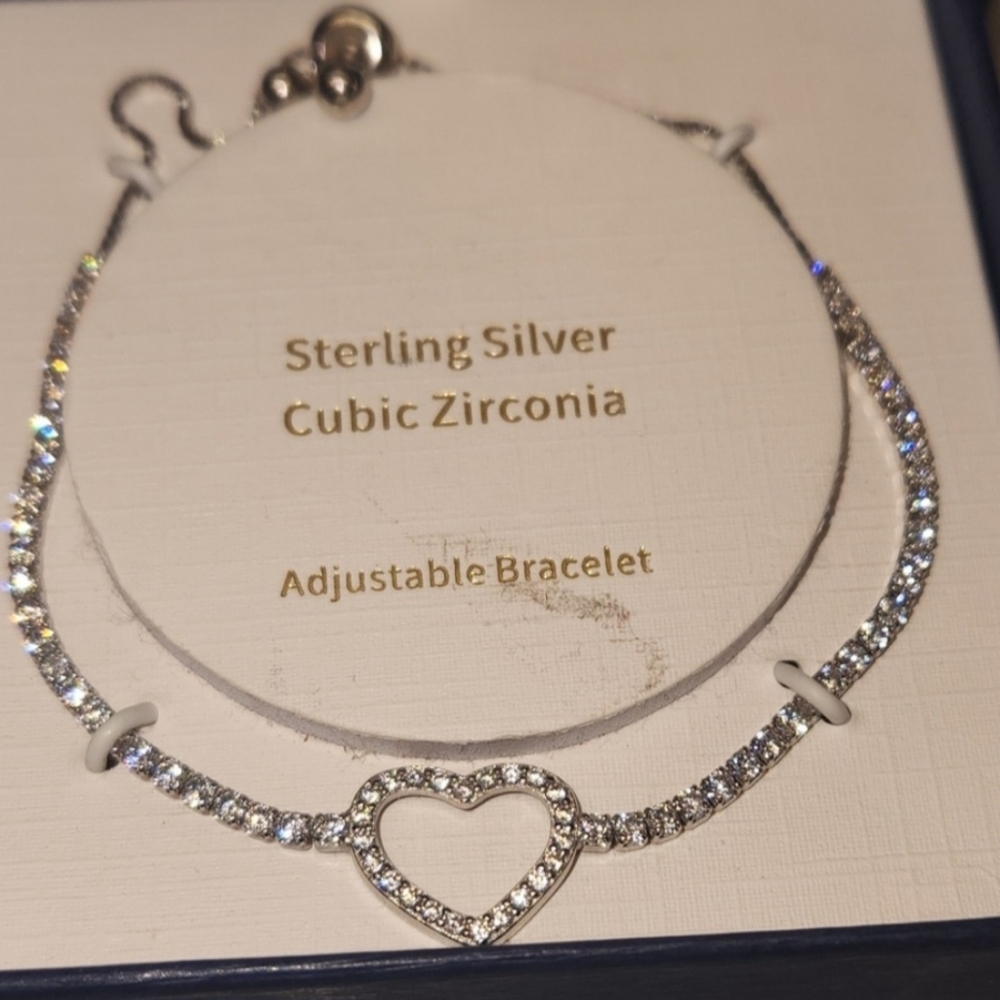 NIB CZ Sterling Silver Adjustable Heart Bracelet - Picture 2 of 5